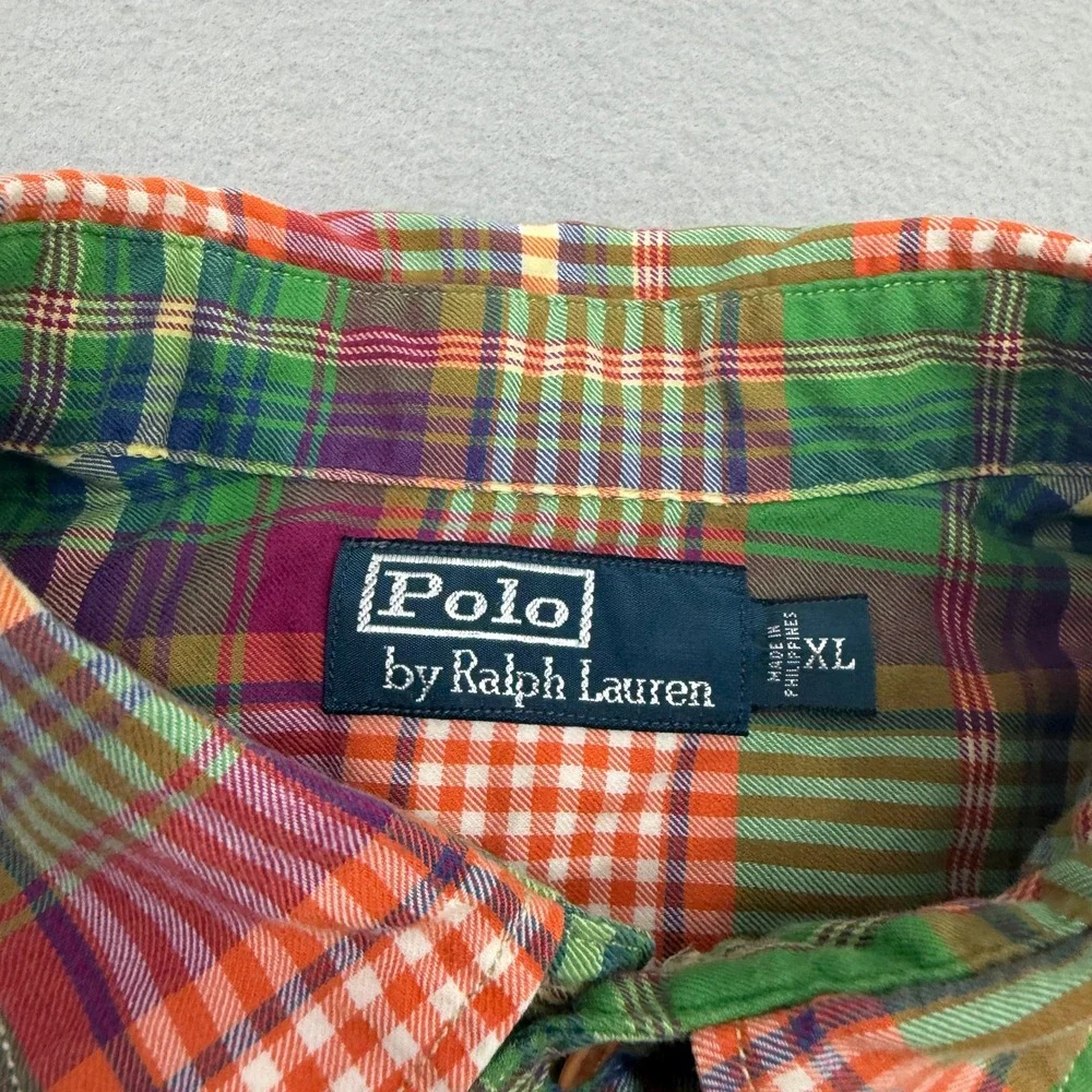 Vintage Polo Ralph Lauren Button Down XL Green Plaid Utility Epaulet Preppy 90s